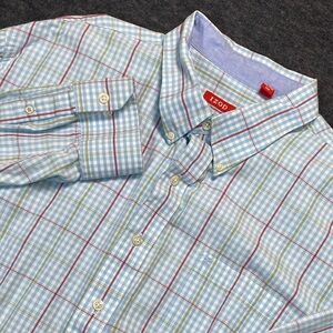 IZOD Men's XXL Button Up Long Sleeve Shirt Logo Green Blue Check Chest Pocket